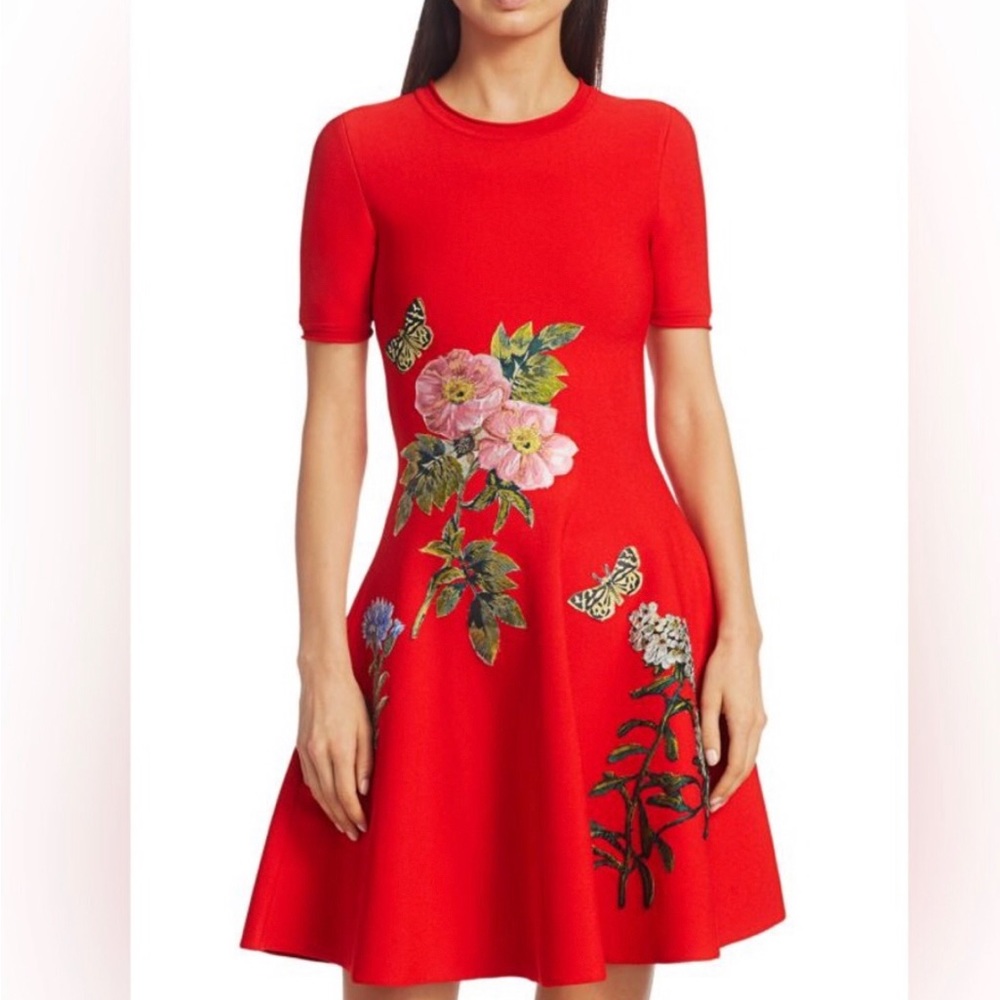 OSCAR DE LA RENTA Embroidered Floral Knit Fit-&-Flare Dress NEW